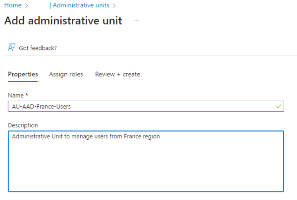 Unité Administrative dans le portail Azure AD