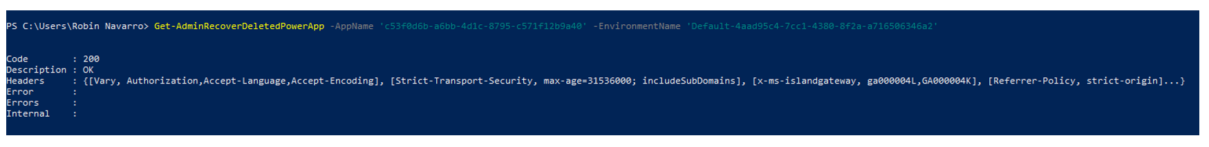 Le champ EnvironmentName est un identifiant unique, différent du DisplayName