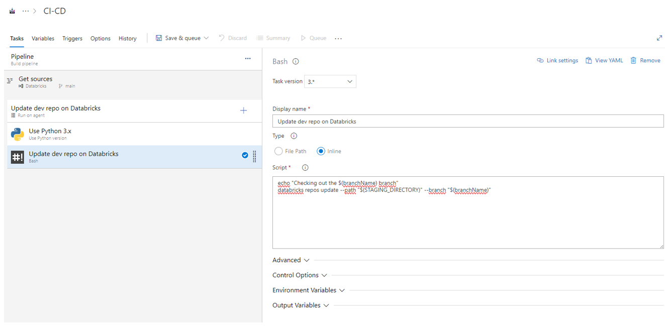 Figure 7 : Paramétrage d’une tâche « Bash » pour le lancement d’un script « Inline »