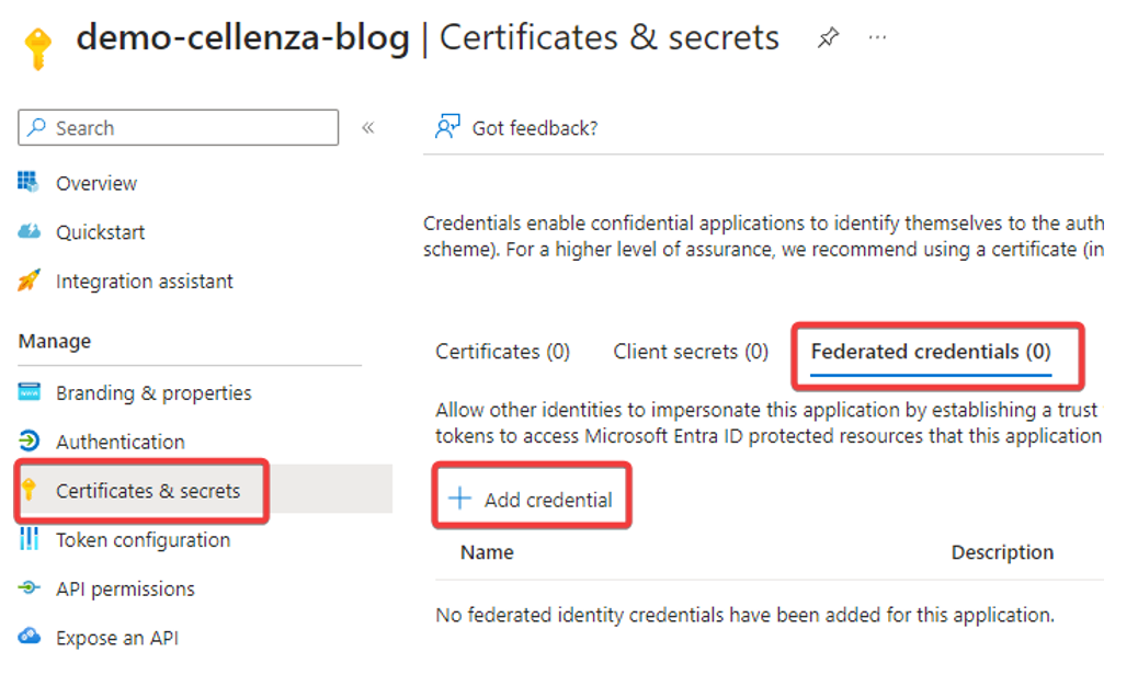 menu « Certificates & Secrets » et sélectionner l’onglet « Federated credentials ». 