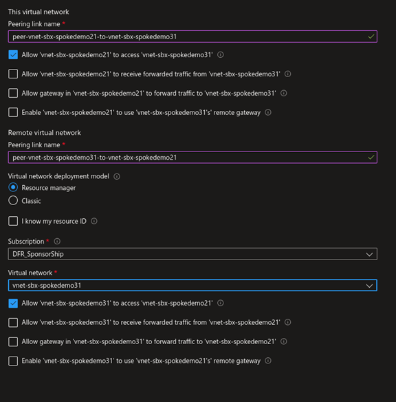 Configuration du peering pour autoriser le trafic entre les Vnets appairés