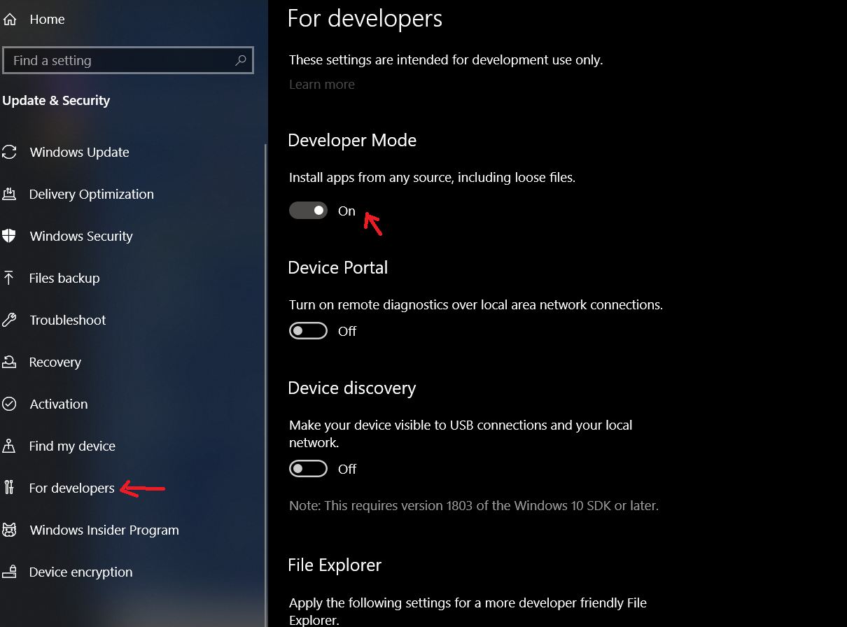 Developer Mode on a Windows machine