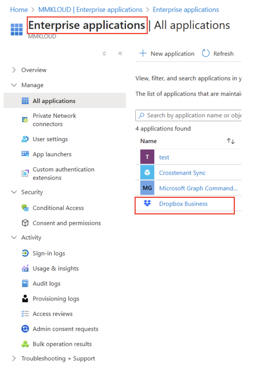 (Capture d'écran : Sélection de l’application pour auto-provisionning) 